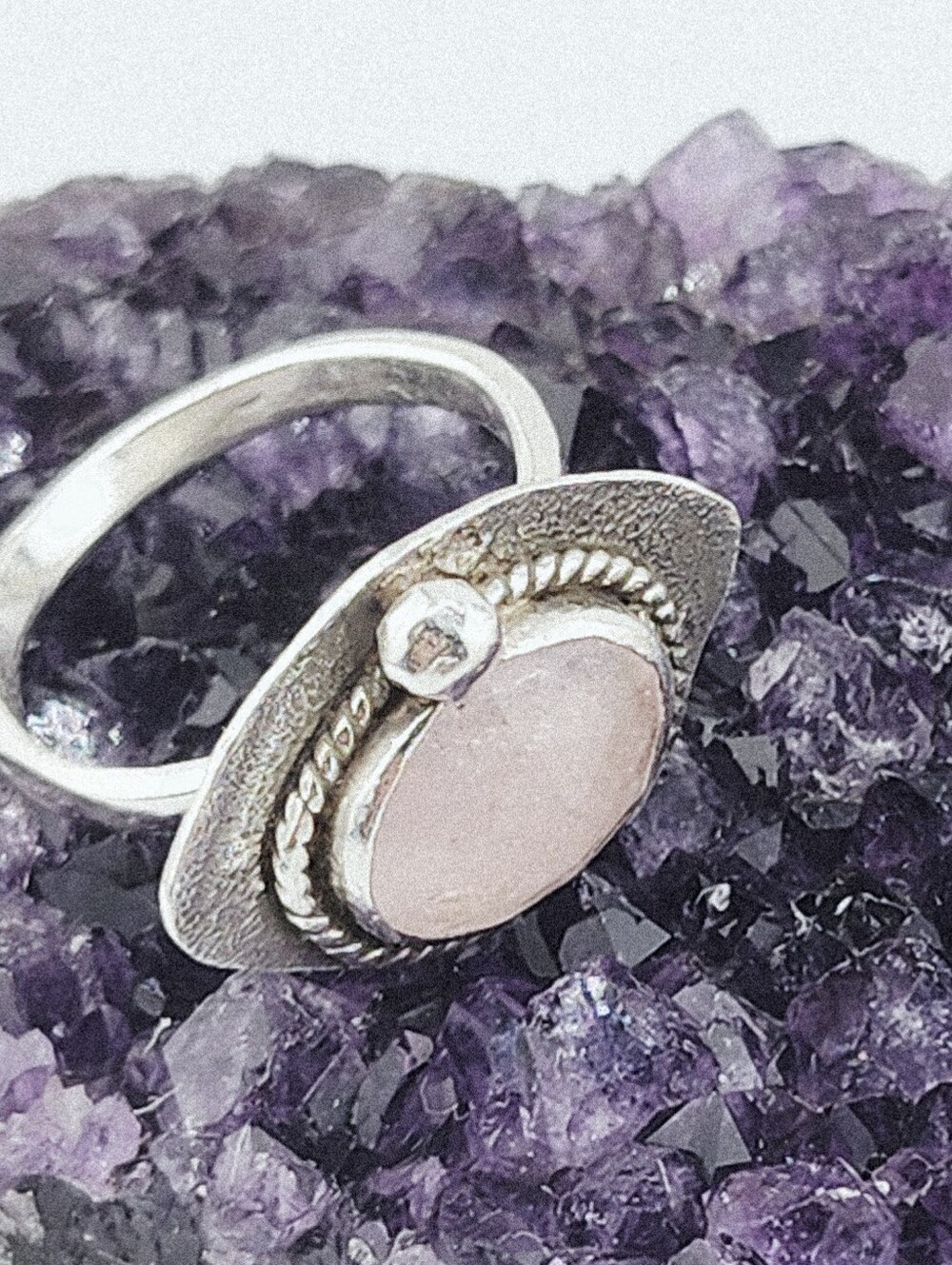 ROSE QUARTZ CRYSTAL  HANDMADE RING IN RECYCLED STERLING SILVER SZ 6.75